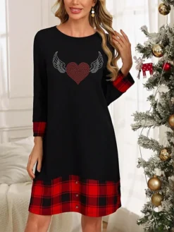 Women's Casual Dress Plaid Dress Winter Dress Heart Abstract Patchwork Button Crew Neck Midi Dress Active Fashion Outdoor Christmas Long Sleeve Loose Fit Black And White Black White Fall Winter S M L -Fashion Life Shop rvskhn1697191207732