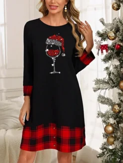 Women's Casual Dress Plaid Dress Winter Dress Letter Santa Claus Patchwork Button Crew Neck Midi Dress Active Fashion Outdoor Christmas Long Sleeve Loose Fit Black Dark Red Wine Fall Winter S M L XL -Fashion Life Shop rvsqkq1697192211479