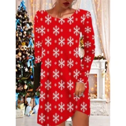 Women's Christmas Casual Dress T Shirt Dress Tee Dress Mini Dress Black Blue Red Long Sleeve Tree Snowflake Pocket Print Winter Fall Crew Neck Vacation Casual 2022 S M L XL XXL 3XL -Fashion Life Shop rxlbdb1667287118128