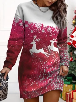 Women's Christmas Casual Dress Sweatshirt Dress Mini Dress Warm Fashion Outdoor Vacation Crew Neck Print Animal Loose Fit Red Blue Fuchsia S M L XL XXL