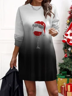 Women‘s Christmas Casual Dress Sweatshirt Dress Mini Dress Warm Fashion Outdoor Holiday Crew Neck Print Geometric Snowman Loose Fit Black Yellow Wine S M L XL XXL -Fashion Life Shop ryjuic1695175984964