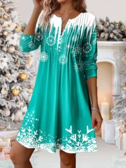 Women's Casual Dress Christmas Dress Winter Dress Snowflake Button Print Split Neck Mini Dress Fashion Streetwear Outdoor Christmas Long Sleeve Loose Fit Wine Navy Blue Blue Fall Winter S M L XL XXL -Fashion Life Shop rysqhu1696669854452