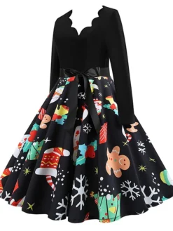 Women's Christmas Retro 1950s Vintage Dress Midi Dress Party Ruched Bow Fruit V Neck Long Sleeve Regular Fit Fall Winter 2023 Deep Green Black S M L XL -Fashion Life Shop rythxx1695363822102