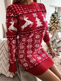 Women‘s Christmas Sweater Dress Winter Dress Sheath Dress Short Mini Dress Red Navy Blue Gray Long Sleeve Elk Snowman Snowflake Knit Fall Winter Round Neck Turtleneck Stylish Casual 2022 S M L XL XXL -Fashion Life Shop ryuzus1663151835967