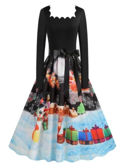 Women's Christmas Vintage Dress Swing Dress Mini Dress Black Pink Dark Blue Red Navy Blue Light Blue Long Sleeve Santa Claus Elk Snowman With Belt Print Winter Fall Square Neck 2022 S M L XL -Fashion Life Shop rzrxoj1666676136182