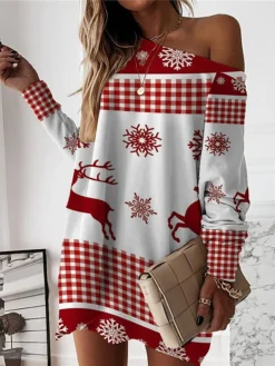 Women‘s Christmas Casual Dress Sweatshirt Dress Mini Dress Warm Fashion Outdoor Holiday Crew Neck Print Geometric Santa Claus Loose Fit White Rusty Red Red S M L XL XXL -Fashion Life Shop sakvvn1694590809789
