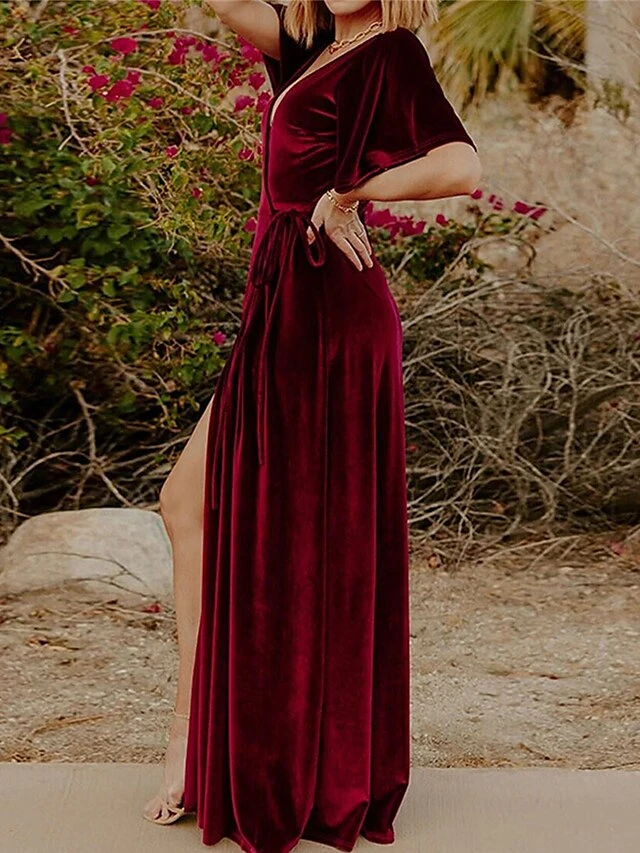 Women's Christmas Dress Casual Dress Velvet Dress Long Dress Maxi Dress Lace Up Split Outdoor Christmas Daily Fashion Elegant V Neck Short Sleeve 2023 Regular Fit Black Wine Gold Color S M L XL XXL 2 Women's Christmas Dress Casual Dress Velvet Dress Long Dress Maxi Dress Lace Up Split Outdoor Christmas Daily Fashion Elegant V Neck Short Sleeve 2023 Regular Fit Black Wine Gold Color S M L XL XXL - Image 2