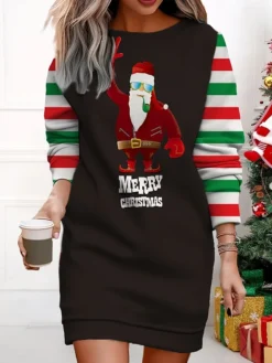 Women's Christmas Casual Dress Sweatshirt Dress Mini Dress Warm Fashion Outdoor Vacation Crew Neck Print Santa Claus Loose Fit ArmyGreen Light Green Wine S M L XL XXL -Fashion Life Shop sazram1695377415453