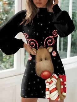 Women's Casual Dress Christmas Dress Winter Dress Reindeer Print Turtleneck Mini Dress Fashion Streetwear Outdoor Christmas Long Sleeve Loose Fit Black Fall Winter S M L XL XXL
