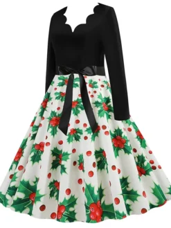 Women's Christmas Retro 1950s Vintage Dress Midi Dress Party Ruched Bow Fruit V Neck Long Sleeve Regular Fit Fall Winter 2023 Deep Green Black S M L XL -Fashion Life Shop scluuo1695363826265