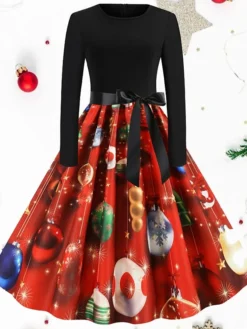 Women's Christmas Swing Dress Vintage Dress Mini Dress Black Long Sleeve Print Bow Print Winter Fall Crew Neck Vintage Romantic Traditional 2022 S M L XL 2XL