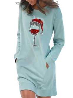 Women's Casual Dress Sweatshirt Dress Shift Dress Mini Dress Light Blue White Grey Long Sleeve Christmas Hat Pocket Fall Winter Autumn Crew Neck Stylish Winter Dress Christmas Fall Dress Loose Fit -Fashion Life Shop sdwpoy1666088713830