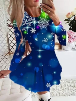 Women's Christmas Swing DressShort Mini Dress Green Dark Blue Red Light Blue Black Long Sleeve Plaid Santa Claus Snowflake Pleated Print Fall Winter Crew Neck Stylish Romantic 2022 -Fashion Life Shop sechkv1665485244636