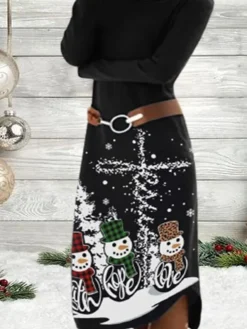 Women's Christmas Dress Casual Dress Print Dress Snowman Snowflake Asymmetrical Print Crew Neck Long Dress Maxi Dress Tropical Fashion Christmas Daily Long Sleeve Regular Fit Black Spring Fall S M L -Fashion Life Shop serghn1695120706194