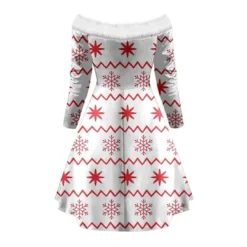 Women's Christmas Swing Dress Vintage Dress Mini Dress Green Light Green Wine Red Navy Blue White Long Sleeve Snowman Tree Snowflake Backless Feather Print Winter Fall Off Shoulder Vacation Stylish -Fashion Life Shop sgaiqp1666597249592