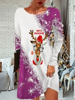 Women's Christmas Casual Dress T Shirt Dress Tee Dress Mini Dress Blue Purple Light Red Light Blue White Long Sleeve Letter Elk Snowflake Pocket Print Winter Fall Crew Neck Vacation Casual 2022 S M L -Fashion Life Shop sgvyti1666761975865