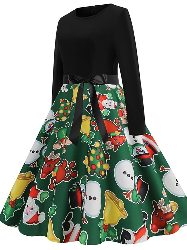Women's Christmas Casual Dress Swing Dress Midi Dress Green Light Green Red Long Sleeve Santa Claus Elk Snowman Bow Print Winter Fall V Neck Vacation Vintage 2022 S M L XL XXL 3XL 5 Women's Christmas Casual Dress Swing Dress Midi Dress Green Light Green Red Long Sleeve Santa Claus Elk Snowman Bow Print Winter Fall V Neck Vacation Vintage 2022 S M L XL XXL 3XL - Image 5