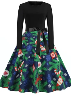 Women's Christmas Swing Dress Vintage Dress Midi Dress Green Blue Light Green Long Sleeve Santa Claus Bow Winter Fall Autumn Crew Neck Fashion Daily Date 2022 S M L XL XXL 3XL -Fashion Life Shop shphhv1667894618407