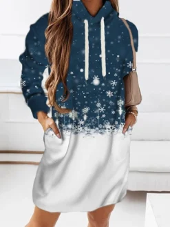 Women's Christmas Hoodie Dress Shift Dress Mini Dress Green Blue Purple Long Sleeve Snowflake Print Winter Fall Autumn Hooded Fashion Daily Date 2022 S M L XL XXL 3XL -Fashion Life Shop sihnro1667990906151