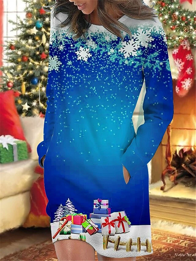 Women's Christmas Casual Dress Sweatshirt Dress Mini Dress Warm Fashion OutdoorHoliday Crew Neck Pocket Print Snowflake Loose Fit Wine Blue Green S M L XL XXL 2 Women's Christmas Casual Dress Sweatshirt Dress Mini Dress Warm Fashion OutdoorHoliday Crew Neck Pocket Print Snowflake Loose Fit Wine Blue Green S M L XL XXL - Image 2