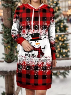 Women's Christmas Dress Hoodie Dress Mini Dress Warm Fashion Outdoor Christmas Holiday Hoodie Print Snowman Snowflake Loose Fit Wine Blue Green S M L XL XXL