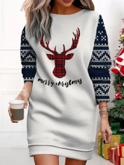 Women's Christmas Casual Dress Sweatshirt Dress Mini Dress Warm Fashion Outdoor Vacation Crew Neck Print Santa Claus Snowman Loose Fit Black White Wine S M L XL XXL -Fashion Life Shop sjwflf1695365434920