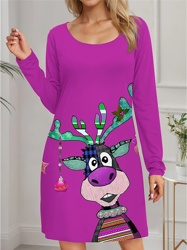 Women's Casual Dress Christmas Dress Winter Dress Deer Print V Neck Mini Dress Fashion Streetwear Outdoor Christmas Long Sleeve Loose Fit Yellow Red Purple Fall Winter S M L XL XXL 3 Women's Casual Dress Christmas Dress Winter Dress Deer Print V Neck Mini Dress Fashion Streetwear Outdoor Christmas Long Sleeve Loose Fit Yellow Red Purple Fall Winter S M L XL XXL - Image 3