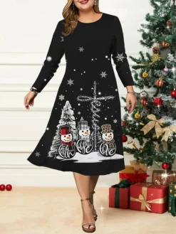 Women's Christmas Plus Size Curve Casual Dress Skater Dress A Line Dress Snowman Christmas Tree Midi Dress Long Sleeve Print Crew Neck Fashion Outdoor Black Wine Fall Winter L XL XXL 3XL 4XL