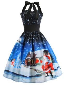 Women's Christmas Swing Dress Vintage Dress Midi Dress Blue Purple Fuchsia Red Sleeveless Santa Claus Backless Print Winter Fall Halter Neck Vacation Stylish Elegant 2022 S M L XL XXL -Fashion Life Shop skovir1666168099383