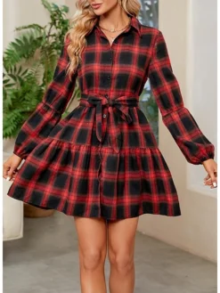 Women's Casual Dress Christmas Dress Shirt Dress Plaid Belted V Neck Mini Dress Fashion Elegant Christmas Daily Long Sleeve Red Summer Spring S M L XL 2XL -Fashion Life Shop skupbc1691062985881