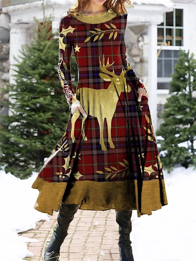 Women's Casual Dress Swing Dress Midi Dress Black Gold Red Long Sleeve Plaid Pocket Winter Fall Spring Crew Neck Fashion Christmas Daily Weekend 2022 S M L XL XXL 3XL 2 Women's Casual Dress Swing Dress Midi Dress Black Gold Red Long Sleeve Plaid Pocket Winter Fall Spring Crew Neck Fashion Christmas Daily Weekend 2022 S M L XL XXL 3XL - Image 2