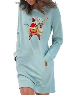 Women‘s Christmas Hoodie Dress Winter Dress Light Blue Grey White Long Sleeve Santa Claus Elk Pocket Print Winter Fall Crew Neck Stylish Casual 2022 S M L XL 2XL / Cotton -Fashion Life Shop slasiq1666692065362