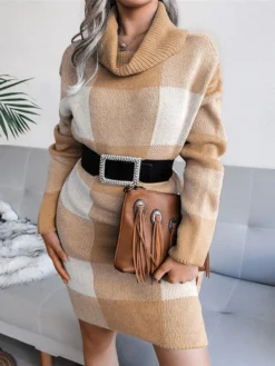 Women‘s Christmas Sweater Dress Winter Dress Sheath Dress Blue Wine Khaki Gray Long Sleeve Plaid Color Block Patchwork Winter Fall Turtleneck Casual S M L -Fashion Life Shop slnine1634118523000