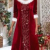 Women's Winter Dress Christmas Dress Velvet Dress Midi Dress Patchwork Fake Two Piece Christmas Daily Date Fashion Modern V Neck Long Sleeve 2023 Regular Fit Wine Color S M L XL XXL Size