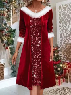 Women's Winter Dress Christmas Dress Velvet Dress Midi Dress Patchwork Fake Two Piece Christmas Daily Date Fashion Modern V Neck Long Sleeve 2023 Regular Fit Wine Color S M L XL XXL Size