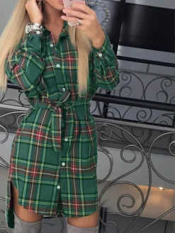 Women's Casual Dress Christmas Dress Shirt Dress Plaid Belted Asymmetrical Shirt Collar Mini Dress Fashion Streetwear Party Christmas Long Sleeve Regular Fit White Red Green Fall Winter S M L XL XXL -Fashion Life Shop smhboj1694500006630