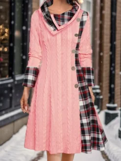 Women's Casual Dress Christmas Dress Sweater Dress Plaid Button Fake Two Piece Cowl Neck Midi Dress Fashion Streetwear Outdoor Christmas Long Sleeve Regular Fit Pink Fall Winter S M L XL XXL