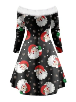Women's Christmas Swing Dress Vintage Dress Mini Dress Green Blue Royal Blue Red White Black Long Sleeve Santa Claus Snowman Snowflake Feather Print Winter Fall Off Shoulder Stylish Elegant -Fashion Life Shop sngdaz1666597372582