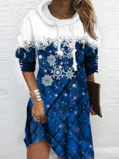 Women's Christmas Hoodie Dress Shift Dress Mini Dress Green Blue Wine Long Sleeve Plaid Snowflake Print Winter Fall Hooded Vacation Casual 2022 S M L XL XXL 3XL -Fashion Life Shop snqfak1667293492314