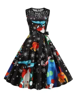Women‘s Christmas Retro 1950s Vintage Dress Midi Dress Party Patchwork Bow Santa Claus Crew Neck Sleeveless Regular Fit Fall Winter 2023 Black White S M L XL -Fashion Life Shop soazgt1694501416763