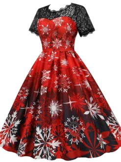 Women's Christmas Casual Dress Swing Dress Midi Dress Green Wine Light Red Fuchsia Red Black Short Sleeve Santa Claus Snowman Snowflake Lace Print Winter Fall Crew Neck Vacation Vintage 2022 S M L XL -Fashion Life Shop solyvu1666761919745