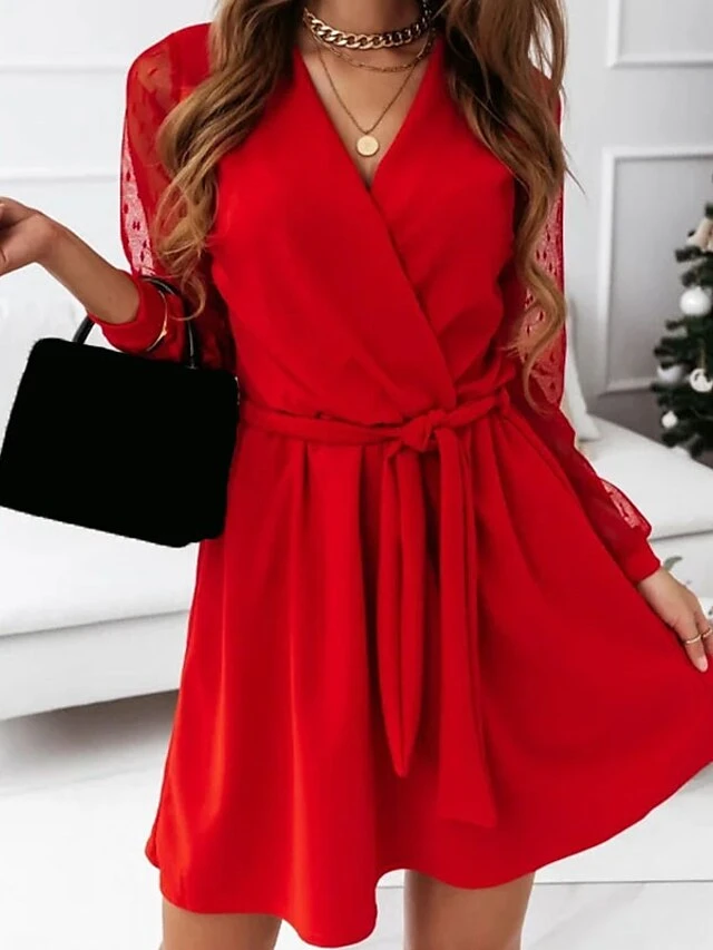 Women's Lace Dress Black Dress Plain Dress Mini Dress Patchwork With Belt Party Christmas Date Basic Elegant V Neck Long Sleeve Mesh Regular Fit Black Red Dark Green Color S M L XL XXL Size 2 Women's Lace Dress Black Dress Plain Dress Mini Dress Patchwork With Belt Party Christmas Date Basic Elegant V Neck Long Sleeve Mesh Regular Fit Black Red Dark Green Color S M L XL XXL Size - Image 2