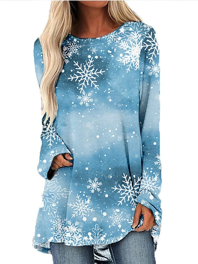 Women's Christmas T Shirt Dress Tee Dress Print DressShort Mini Dress Light Blue Long Sleeve Animal Print Snowflake Patchwork Print Spring Fall Crew Neck Classic Modern Loose Fit 2022 S M L XL 2XL 3 Women's Christmas T Shirt Dress Tee Dress Print DressShort Mini Dress Light Blue Long Sleeve Animal Print Snowflake Patchwork Print Spring Fall Crew Neck Classic Modern Loose Fit 2022 S M L XL 2XL - Image 3