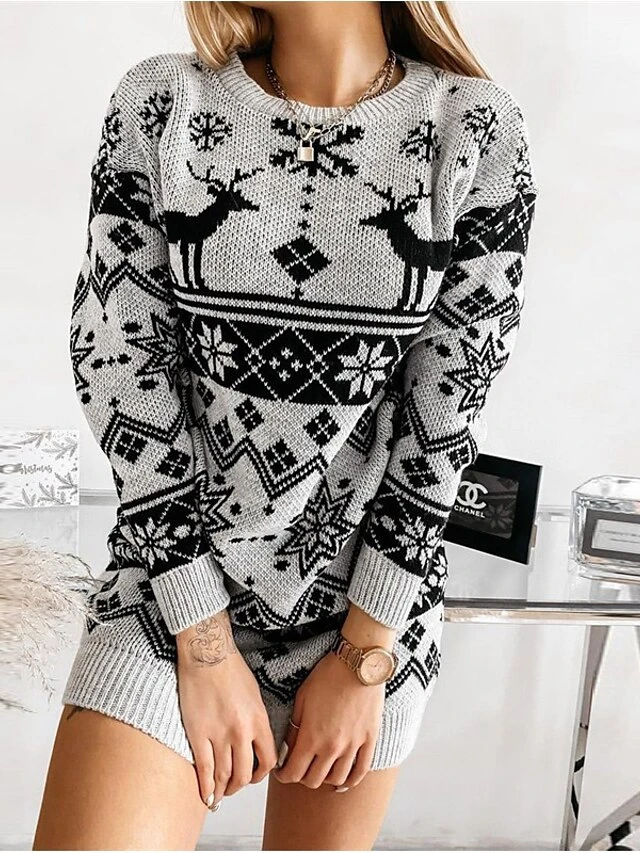 Women‘s Christmas Sweater Dress Winter Dress Knit Dress Black Red Gray Long Sleeve Elk Tree Snowflake Patchwork Print Winter Fall Turtleneck Casual Winter Dress Fall Dress Loose Fit 2022 S M L XL XXL 3 Women‘s Christmas Sweater Dress Winter Dress Knit Dress Black Red Gray Long Sleeve Elk Tree Snowflake Patchwork Print Winter Fall Turtleneck Casual Winter Dress Fall Dress Loose Fit 2022 S M L XL XXL - Image 3