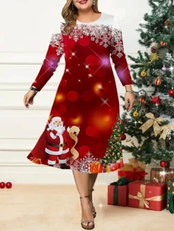 Women's Christmas Plus Size Curve Casual Dress Skater Dress A Line Dress Snowman Christmas Tree Midi Dress Long Sleeve Print Crew Neck Fashion Outdoor Black Wine Fall Winter L XL XXL 3XL 4XL -Fashion Life Shop sprdzx1695191644193