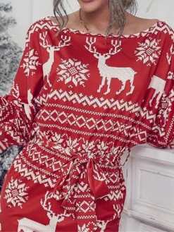 Women's Casual Dress Christmas Dress Sheath Dress Stripe Snowflake Lace Up Print Crew Neck Mini Dress Fashion Modern Christmas Daily Long Sleeve Regular Fit Red Fall Winter S M L -Fashion Life Shop sqcdjb1695888622211