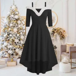 Women's Christmas Swing Dress Skater Dress Green Red Black Long Sleeve Pure Color Cold Shoulder Plus High Low Winter Fall V Neck Classic ModernFall Dress Slim 2022 S M L XL 2XL 3XL / Winter Dress -Fashion Life Shop sqhswq1668155198591