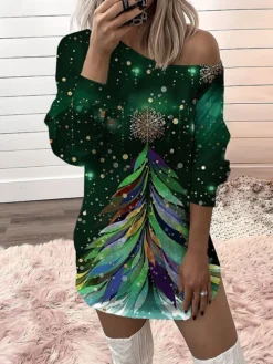 Women‘s Christmas Casual Dress Sweatshirt Dress Mini Dress Warm Fashion Outdoor Holiday Crew Neck Print Tree Loose Fit Black Blue Gold S M L XL XXL -Fashion Life Shop sqjglk1694157650078