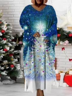 Women‘s Plus Size Christmas Dress Santa Claus V Neck Long Sleeve Winter Fall Modern Maxi Long Dress Daily Dress -Fashion Life Shop sqnbwo1668158227595