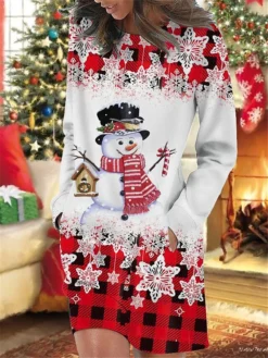 Women's Christmas Casual Dress Sweatshirt Dress Mini Dress Warm Fashion OutdoorHoliday Crew Neck Pocket Print Geometric Snowman Snowflake Loose Fit Wine Blue Green S M L XL XXL
